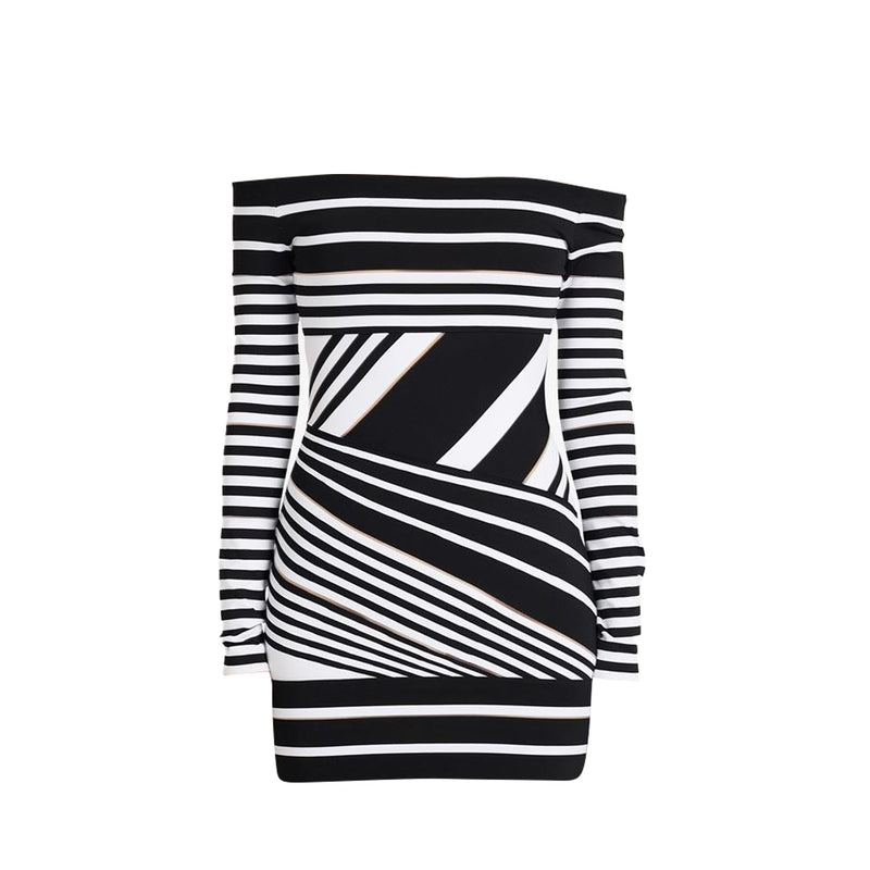 Balmain Black & White Stripe Dress | Designer code: XF0R8399KC04 | Luxury Fashion Eshop | Lamode.com.hk
