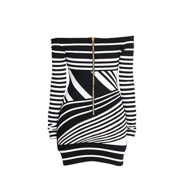 Balmain Black & White Stripe Dress | Designer code: XF0R8399KC04 | Luxury Fashion Eshop | Lamode.com.hk
