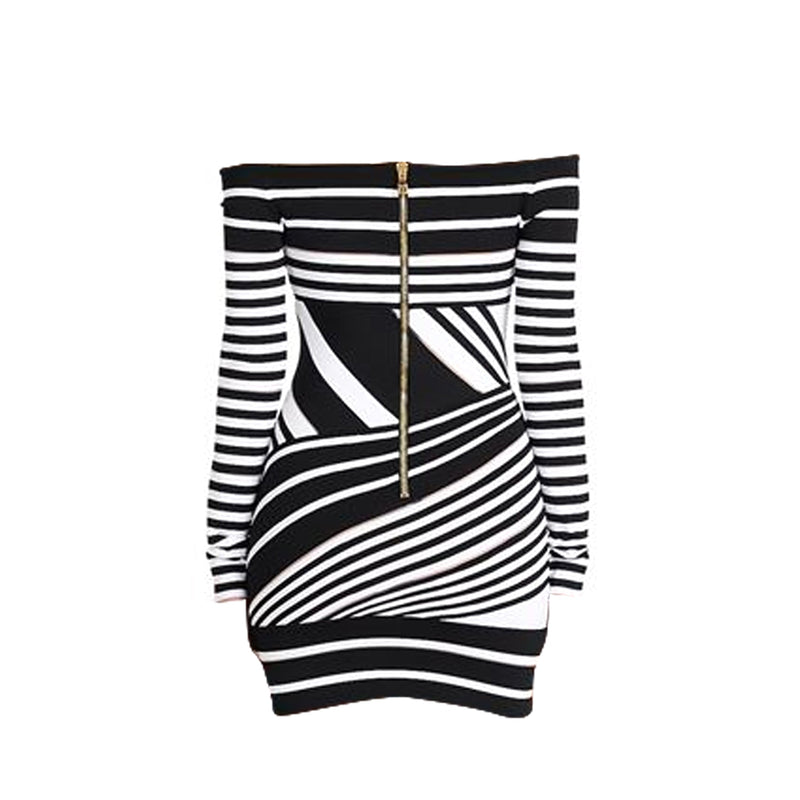 Balmain Black & White Stripe Dress | Designer code: XF0R8399KC04 | Luxury Fashion Eshop | Lamode.com.hk