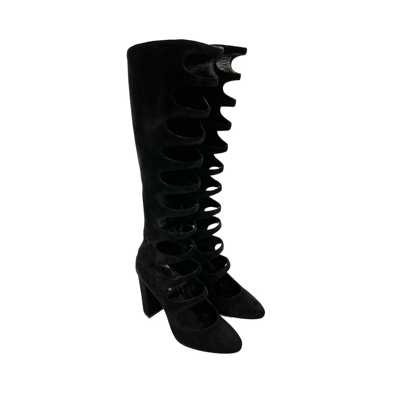 Saint Laurent Cut Out Detail Knee Length Boots | Designer code: 5296870LI00 | Luxury Fashion Eshop | Lamode.com.hk